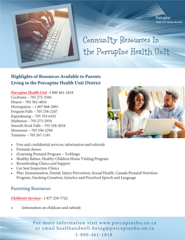 Community Resources in the Porcupine Health Unit