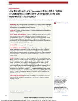 Long-Term Results and Recurrence-Related Risk Factors for Crohn Disease in Patients Undergoing Side-To-Side Isoperistaltic Strictureplasty