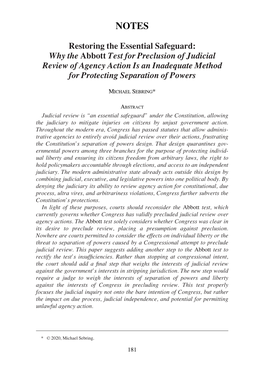 Why the Abbott Test for Preclusion of Judicial Review of Agency Action Is an Inadequate Method for Protecting Separation of Powers