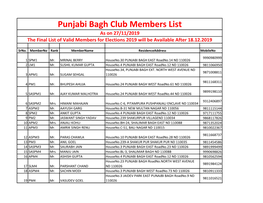 Punjabi Bagh Club Members List As on 27/11/2019 the Final List of Valid Members for Elections 2019 Will Be Available After 18.12.2019