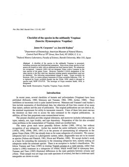 Checklist of the Species in the Subfamily Vespinae (Insecta: Hymenoptera: Vespidae)