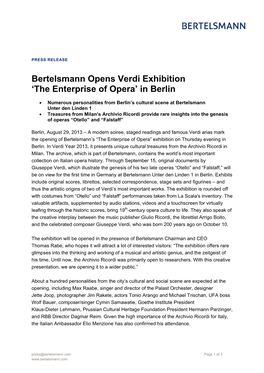 Bertelsmann Opens Verdi Exhibition 'The Enterprise of Opera' in Berlin