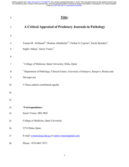 Title: a Critical Appraisal of Predatory Journals in Pathology