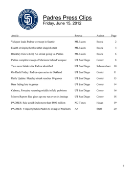 Padres Press Clips Friday, June 15, 2012
