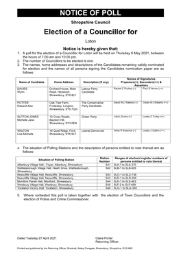 NOTICE of POLL Election of a Councillor