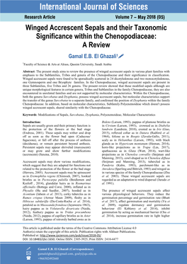 Winged Accrescent Sepals and Their Taxonomic Significance Within the Chenopodiaceae: a Review Gamal E.B