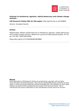 Agonism, Radical Democracy and Climate Change Activism LSE Research Online URL for This Paper: Version: Accepted Version