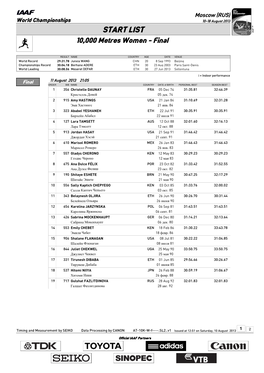 START LIST 10,000 Metres Women - Final