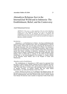 Ahmadiyya Religious Sect in the International World and in Indonesia: the Establishment, Belief, and the Controversy