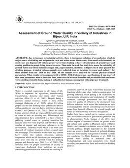 Assessment of Ground Water Quality in Vicinity of Industries in Bijnor, U.P, India Apoorva Agarwal and Dr