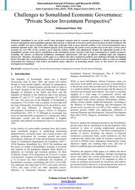 Challenges to Somaliland Economic Governance: "Private Sector Investment Perspective"