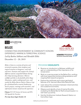 BELIZE CONNECTING ENVIRONMENT & COMMUNITY HONORS EXPERIENCE: MARINE & TERRESTRIAL SCIENCE Led by Barbra Sobhani and Meredith Hibit December 12 – 20, 2019