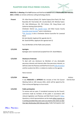 1 MINUTES of a Meeting of the Full Plaistow and Ifold Parish Council