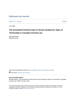 The Annotated Criminal Code En Version Quebecois: Signs of Territoriality in Canadian Criminal Law