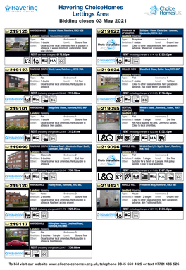 Havering Choicehomes Lettings Area Bidding Closes 03 May 2021