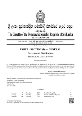 Y%S ,Xld M%Cd;Dka;%Sl Iudcjd§ Ckrcfha .Eiü M;%H W;S Úfyi the Gazette of the Democratic Socialist Republic of Sri Lanka EXTRAORDINARY