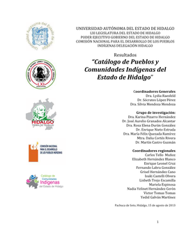 “Catálogo De Pueblos Y Comunidades Indígenas Del Estado De Hidalgo”
