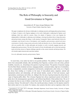 The Role of Philosophy in Insecurity and Good Governance in Nigeria