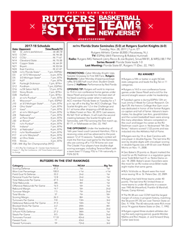 2017-18 Schedule Nr/Rv Florida State Seminoles (5-0) at Rutgers Scarlet Knights (6-0) Date Opponent Time/Result/TV Tuesday, Nov