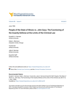 People of the State of Illinois Vs. John Gacy: the Functioning of the Insanity Defense at the Limits of the Criminal Law