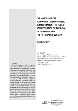 The History of the Romanian System of Public Administration. the Public Administration of the Royal Dictatorship and the Nationality Question