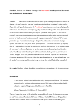 Sinn Féin, the Past and Political Strategy: the Provisional Irish Republican Movement and the Politics of 'Reconciliation'