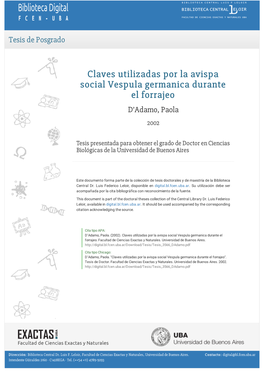 Claves Utilizadas Por La Avispa Social Vespula Germanica Durante El Forrajeo D’Adamo, Paola 2002