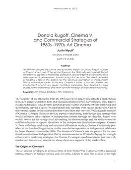 Donald Rugoff, Cinema V, and Commercial Strategies of 1960S–1970S Art Cinema Justin Wyatt1 University of Rhode Island Justinw @ Uri.Edu