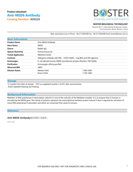 Datasheet A09224 Anti-MED6 Antibody