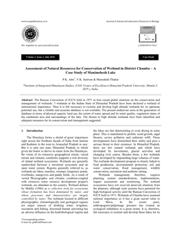 Assessment of Natural Resources for Conservation of Wetland in District Chamba – a Case Study of Manimehesh Lake