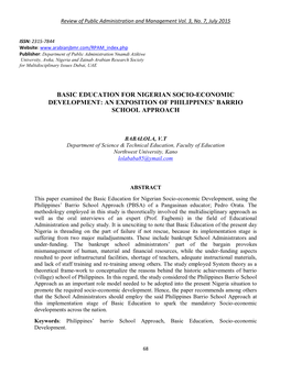 Basic Education for Nigerian Socio-Economic Development: an Exposition of Philippines’ Barrio School Approach