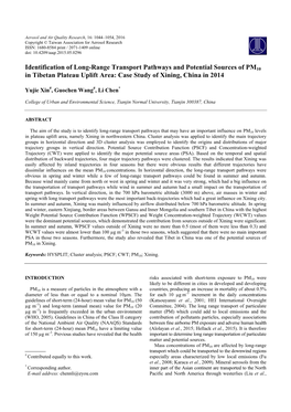 Identification of Long-Range Transport Pathways and Potential Sources of PM10 in Tibetan Plateau Uplift Area: Case Study of Xining, China in 2014