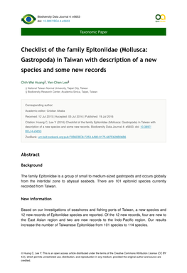 Checklist of the Family Epitoniidae (Mollusca: Gastropoda) in Taiwan with Description of a New Species and Some New Records