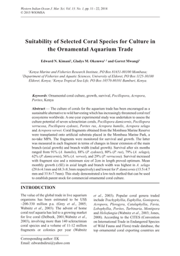 Suitability of Selected Coral Species for Culture in the Ornamental Aquarium Trade