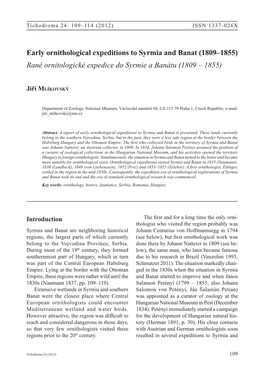 Early Ornithological Expeditions to Syrmia and Banat (1809–1855) Rané Ornitologické Expedice Do Syrmie a Banátu (1809 – 1855)