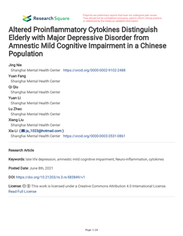 Altered Proin Ammatory Cytokines Distinguish Elderly with Major