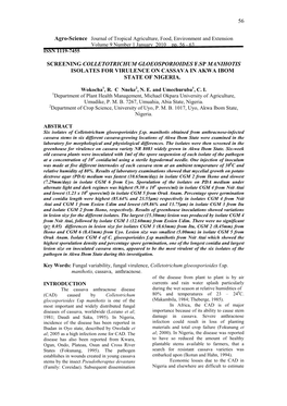 Screening Colletotrichum Gloeosporioides F.Sp Manihotis Isolates for Virulence on Cassava in Akwa Ibom State of Nigeria