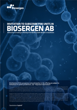 BIOSERGEN AB Admission to Trading on Nasdaq First North Growth Market in Stockholm