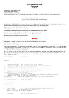 Answered On:27.02.2003 Rail Projects in Gujarat Gordhanbhai Javia;Pushpdan Shambhudan Gadhavi;Ratilal Kalidas Varma;Savshibhai Makwana