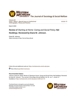 Caring and Social Policy. Nel Noddings. Reviewed by Diane M. Johnson