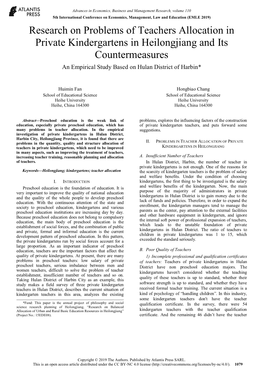 Research on Problems of Teachers Allocation in Private Kindergartens in Heilongjiang and Its Countermeasures an Empirical Study Based on Hulan District of Harbin*