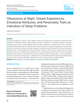 Obsessions at Night: Dream Experiences, Emotional Attributes, and Personality Traits As Indicators of Sleep Problems