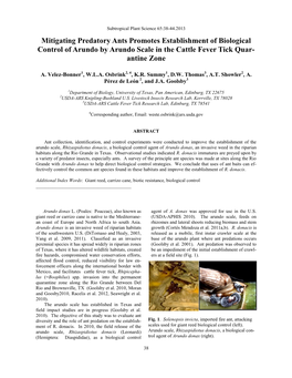 Mitigating Predatory Ants Promotes Establishment of Biological Control of Arundo by Arundo Scale in the Cattle Fever Tick Quar- Antine Zone