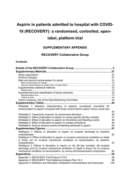 Aspirin in Patients Admitted to Hospital with COVID- 19 (RECOVERY): a Randomised, Controlled, Open- Label, Platform Trial