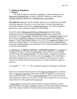 7. Algebraic Equations