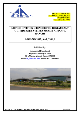 NOTICE INVITING E-TENDER for RESTAURANT OUTSIDE NITB ATBIRSA MUNDA AIRPORT, RANCHI