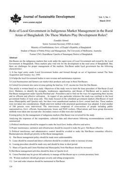 Role of Local Government in Indigenous Market Management in the Rural Areas of Bangladesh: Do These Markets Play Development Roles?