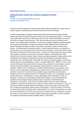 Sobe Para Sete O Número De Mortes Por Dengue No Paraná Saúde Enviado Por: Patriciacasagrande@Secs.Pr.Gov.Br Postado Em:28/01/2020 17:50