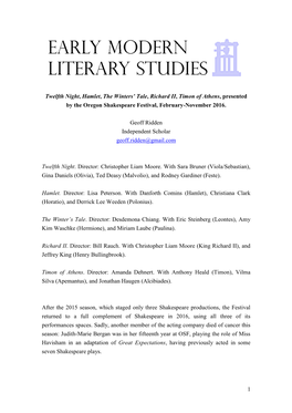 1 Twelfth Night, Hamlet, the Winters' Tale, Richard II, Timon of Athens, Presented by the Oregon Shakespeare Festival, Februar