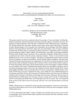 NBER WORKING PAPER SERIES the EFFECT of VILLAGE-BASED SCHOOLS: EVIDENCE from a RANDOMIZED CONTROLLED TRIAL in AFGHANISTAN Dana B